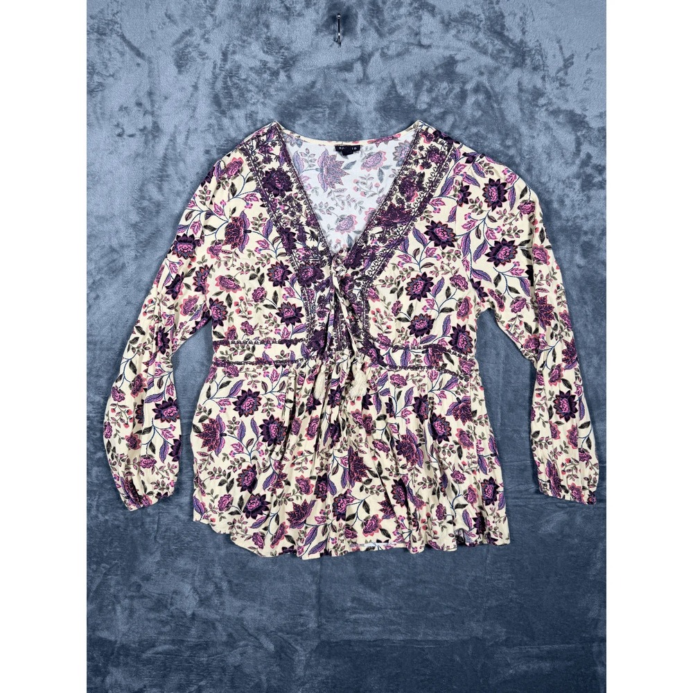 Torrid Womens‎ Blouse Top Size 1 Cream Purple Floral Print Boho V-Neck Peplum